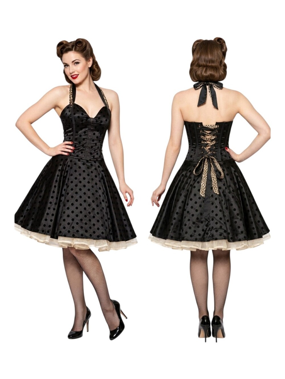 Voodoo Vixen Retro Rockabilly Black Cheetah Polka Dot Pin Up Corset Dress Large